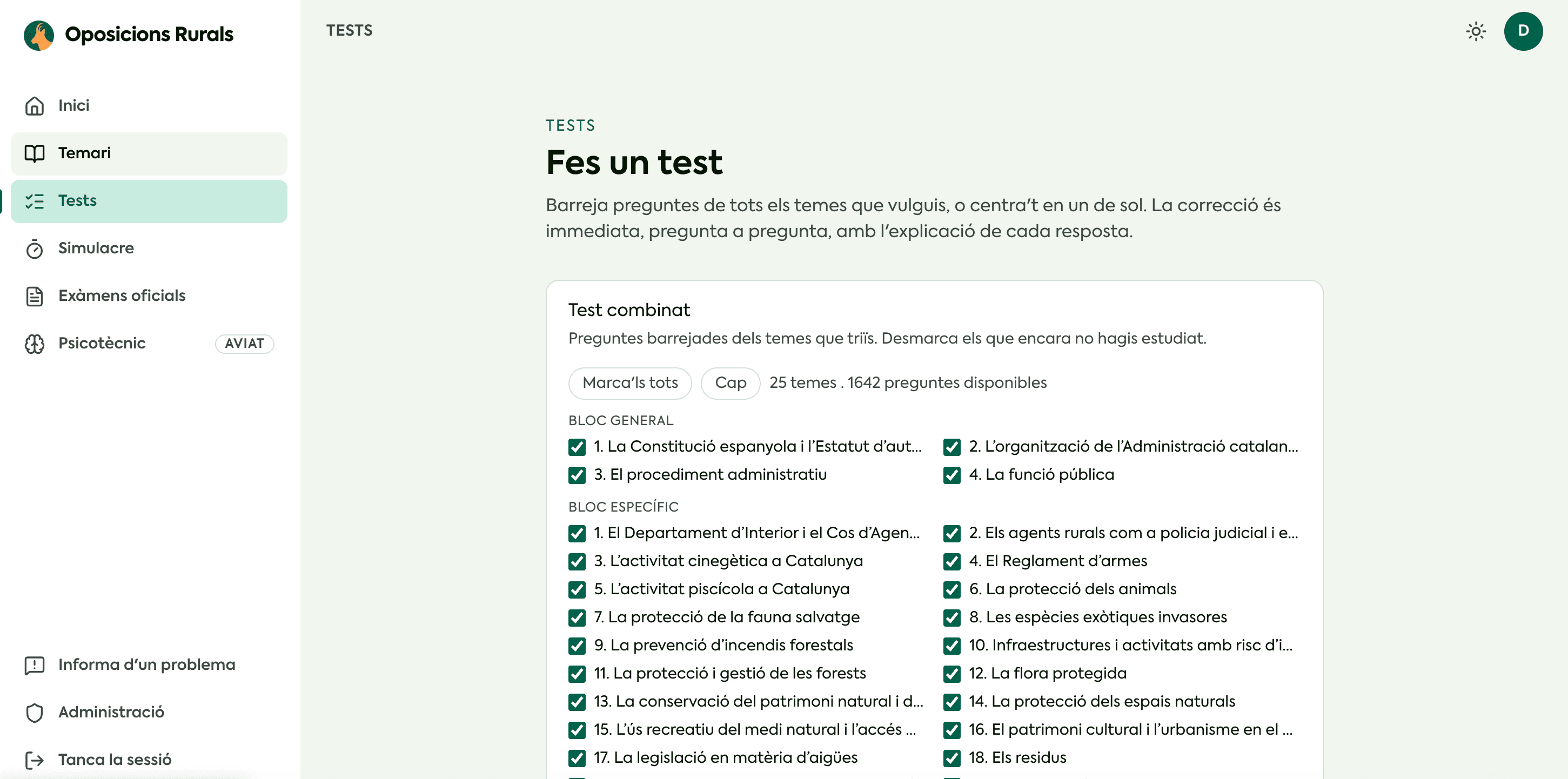 La plataforma per dins: la pantalla per triar els temes d'un test combinat.
