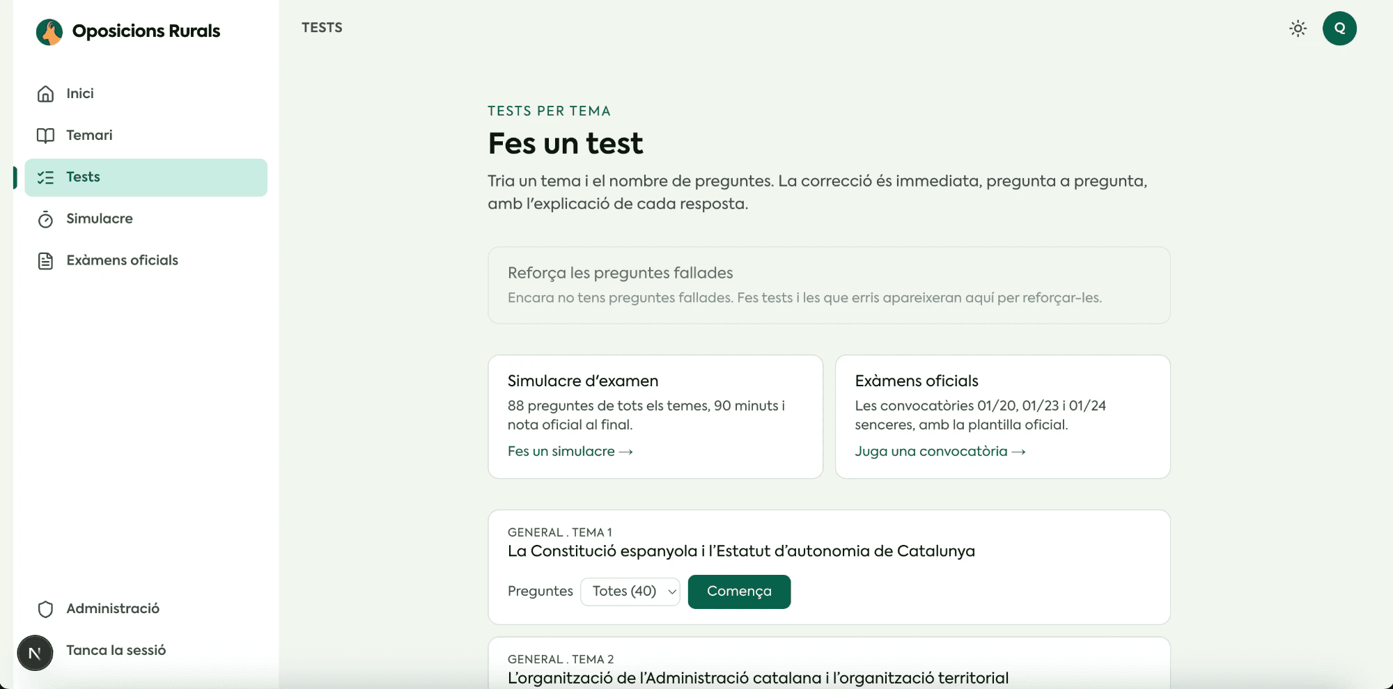 La plataforma Oposicions Rurals: tests per tema amb correcció immediata